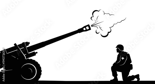 Soldier Firing Artillery Cannon in Silhouette