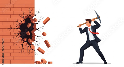 Businessman Breaking Through Brick Wall.