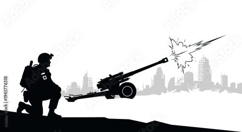 Soldier firing artillery cannon in destroyed city silhouette, war concept