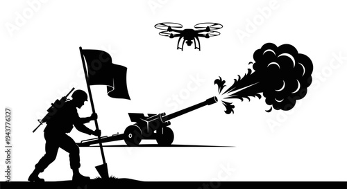 Soldier firing artillery drone surveillance modern warfare concept