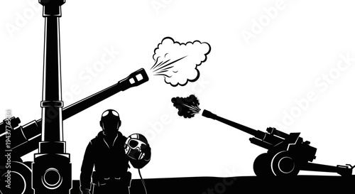 Soldier firing artillery gun, military combat, war, battle, explosion, smoke, black and white