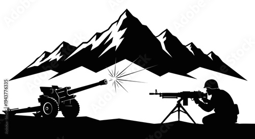 Soldier Firing Machine Gun With Artillery Cannon and Mountains Silhouette