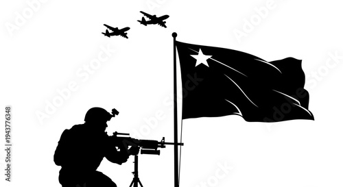 Soldier guarding flag with fighter jets flying overhead, military concept