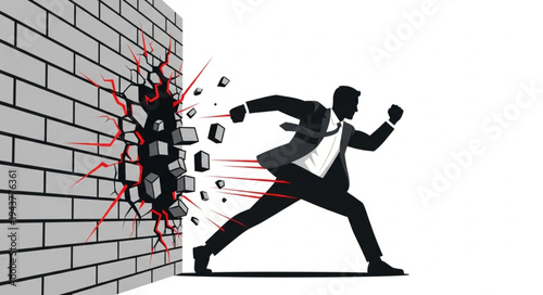 Businessman Breaking Through Brick Wall.