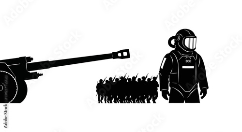 Soldier in hazmat suit faces cannon and army, symbolizing war, danger, and protection