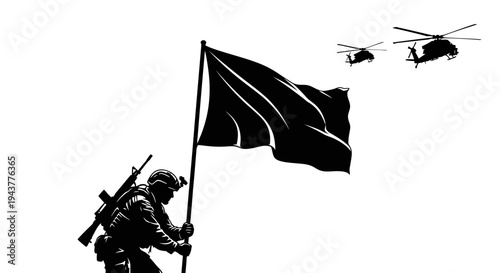Soldier holding black flag with helicopters flying in background, military concept