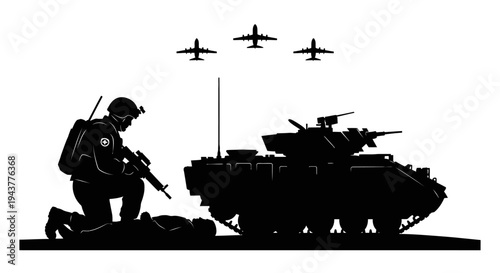 Soldier Kneeling Beside Armored Vehicle with Air Support Overhead