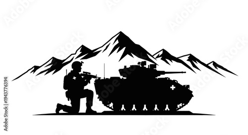 Soldier Kneeling Beside Armored Vehicle with Mountain Background Silhouette