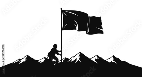 Soldier Raising Flag on Mountain Peak Silhouette, Victory and Achievement Concept