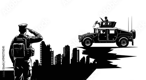 Soldier Salutes Humvee Convoy in Cityscape Silhouette - Military Patrol