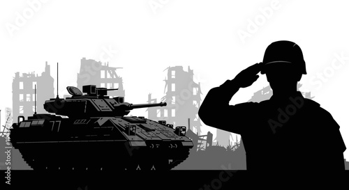Soldier Saluting Amidst War-Torn Cityscape with Tank
