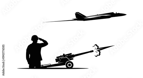 Soldier Saluting Artillery Gun with Fighter Jet Flying Overhead Silhouette