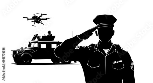 Soldier Saluting Drone and Military Vehicle Silhouette, Modern Warfare Concept
