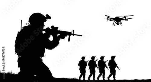 Soldier with drone and team, military surveillance, modern warfare, tactical operation