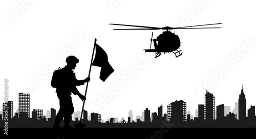 Soldier with Flag and Helicopter Silhouette over City Skyline