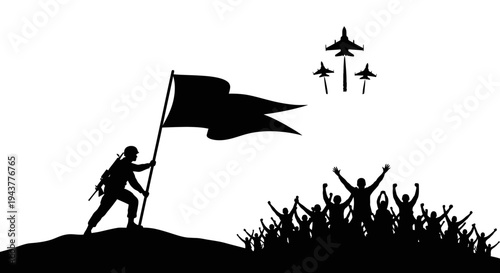 Soldier with Flag and Jets, Victory Celebration, Military Triumph