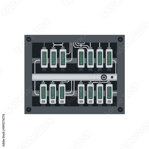 A close-up schematic view of a rack filled with multiple battery units and wiring