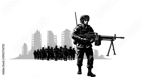 Soldier with Machine Gun and Army in Destroyed City Background