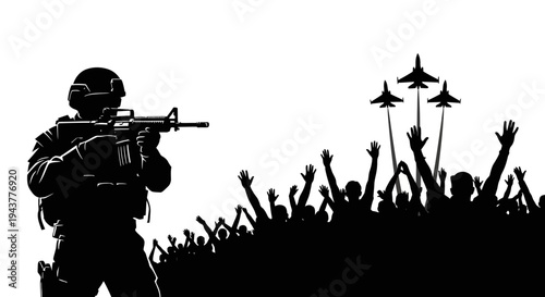 Soldier with Rifle and Jet Fighters Above Crowd Silhouette