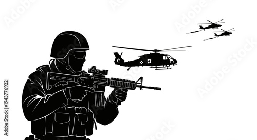 Soldier with rifle and helicopters in background, military action, combat, special forces