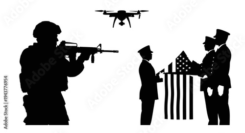 Soldier with Rifle, Drone, and Flag Ceremony Silhouette