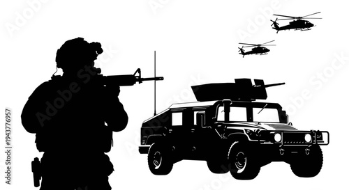 Soldier with Rifle and Military Vehicle, Helicopters Flying Overhead, Combat Scene