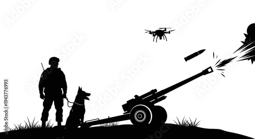 Soldier, Dog, Drone, and Artillery: Modern Warfare Silhouette