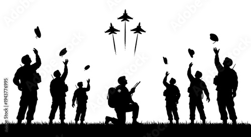 Soldiers Celebrate Victory Tossing Hats in Air with Fighter Jets Flying Overhead