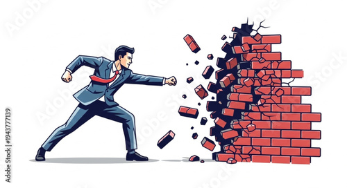 Businessman Breaking Through Brick Wall.