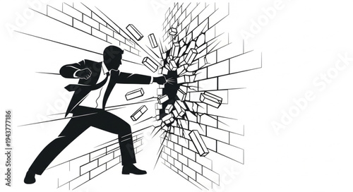Businessman Breaking Through Brick Wall.