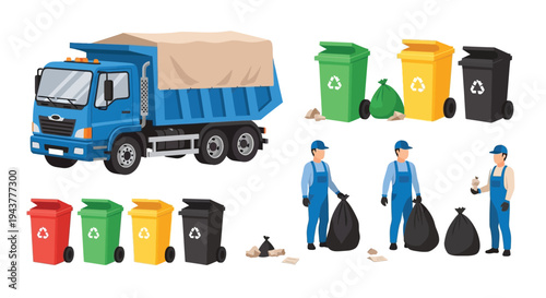 Waste management illustration featuring a garbage truck and sanitation workers