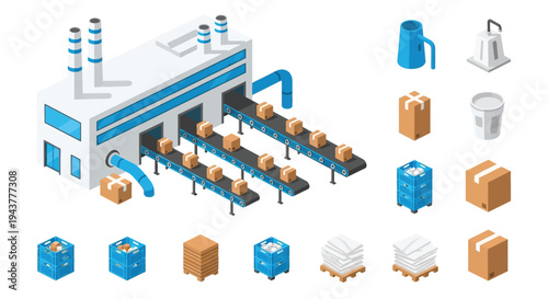 Isometric illustration of a factory production line with packaged goods