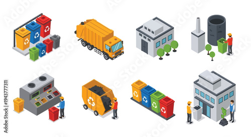 Isometric illustration depicting waste management infrastructure and recycling processes