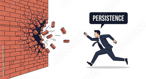 Businessman Breaking Through Brick Wall.