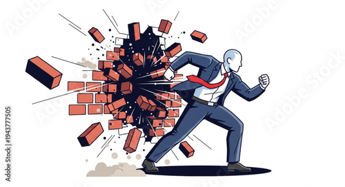 Businessman Breaking Through Brick Wall.