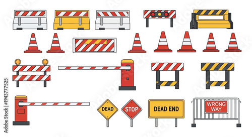 Collection of colorful road safety barriers cones and warning signs