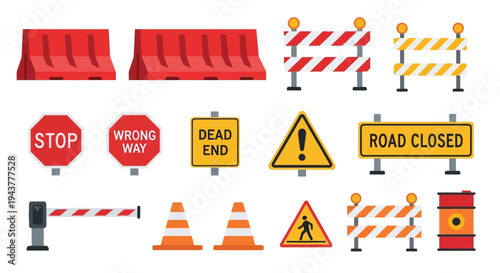 Collection of colorful road signs barriers and safety equipment