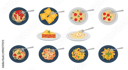 Colorful illustration of various pasta dishes and a slice of layered cake
