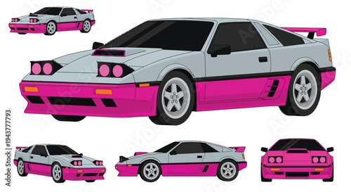 Stylized illustration of a retro sports car with vibrant pink accents