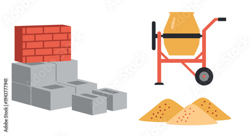 Construction materials including bricks concrete blocks and a cement mixer