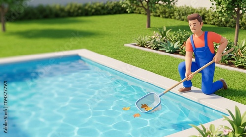 3D illustration of smiling man in overalls using a net to clean leaves from a blue swimming pool in a lush, sunny backyard. Summer, maintenance, and home care concepts.