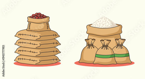 Illustration of stacked sacks filled with grains and berries