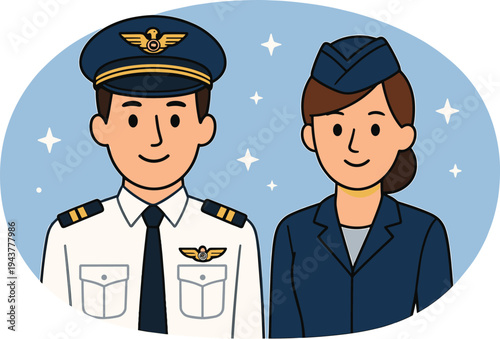 Airline pilot and flight attendant portrait illustration representing aviation crew, airline staff professionalism and air travel service concept in modern flat vector style