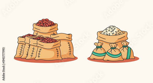 Colorful illustration depicting stacked sacks filled with various grains