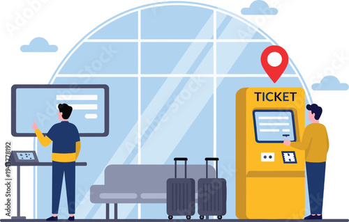 Airport self service ticket machine with passengers checking flight information and luggage in terminal illustrating modern airline travel, digital check in and airport departure concept