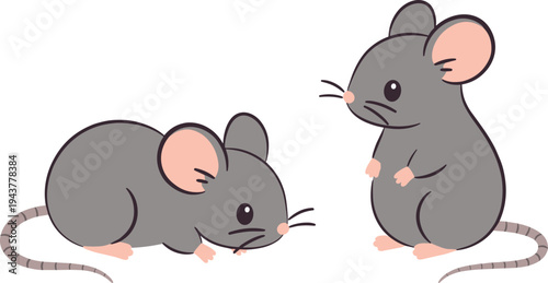 Cute cartoon mouse characters set showing small grey rodents in sitting and sniffing poses isolated on background for animal, wildlife and children illustration concept