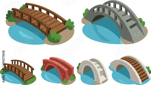 Different bridge structures over water including wooden, stone and brick arch bridges isolated infrastructure and architecture illustration set for landscape design concept