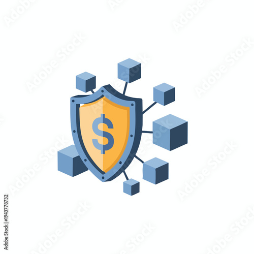 Abstract isometric shield with dollar sign protected by cubes