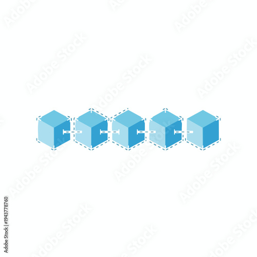 Five linked blue cubes with dashed outlines, representing a chain