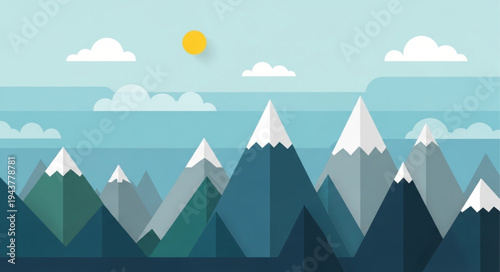 Stylized Mountain Range with Snow-Capped Peaks and Sky.